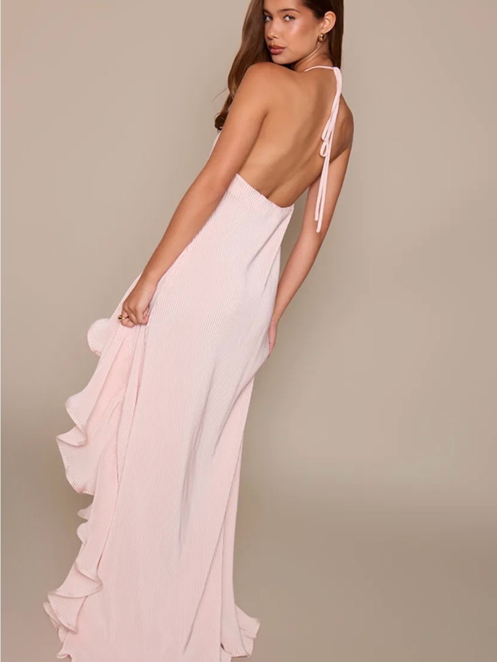 PrettyLittleThing Blush Pink Halter Ruffle Maxi Dress - Picture 2 of 8